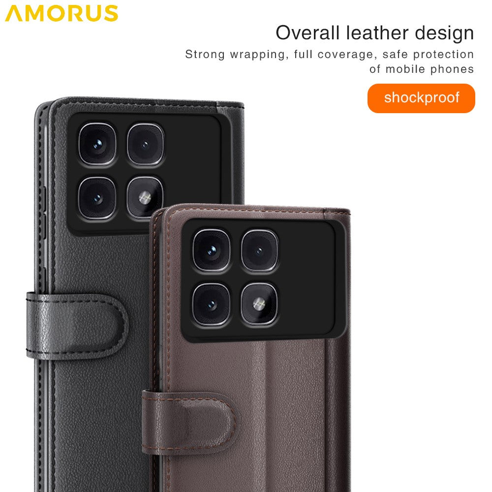 AMORUS För Xiaomi Redmi K70 Ultra Stativskal Kalvstruktur Äkta Splitläder Plånboksfodral