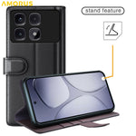 AMORUS För Xiaomi Redmi K70 Ultra Stativskal Kalvstruktur Äkta Splitläder Plånboksfodral