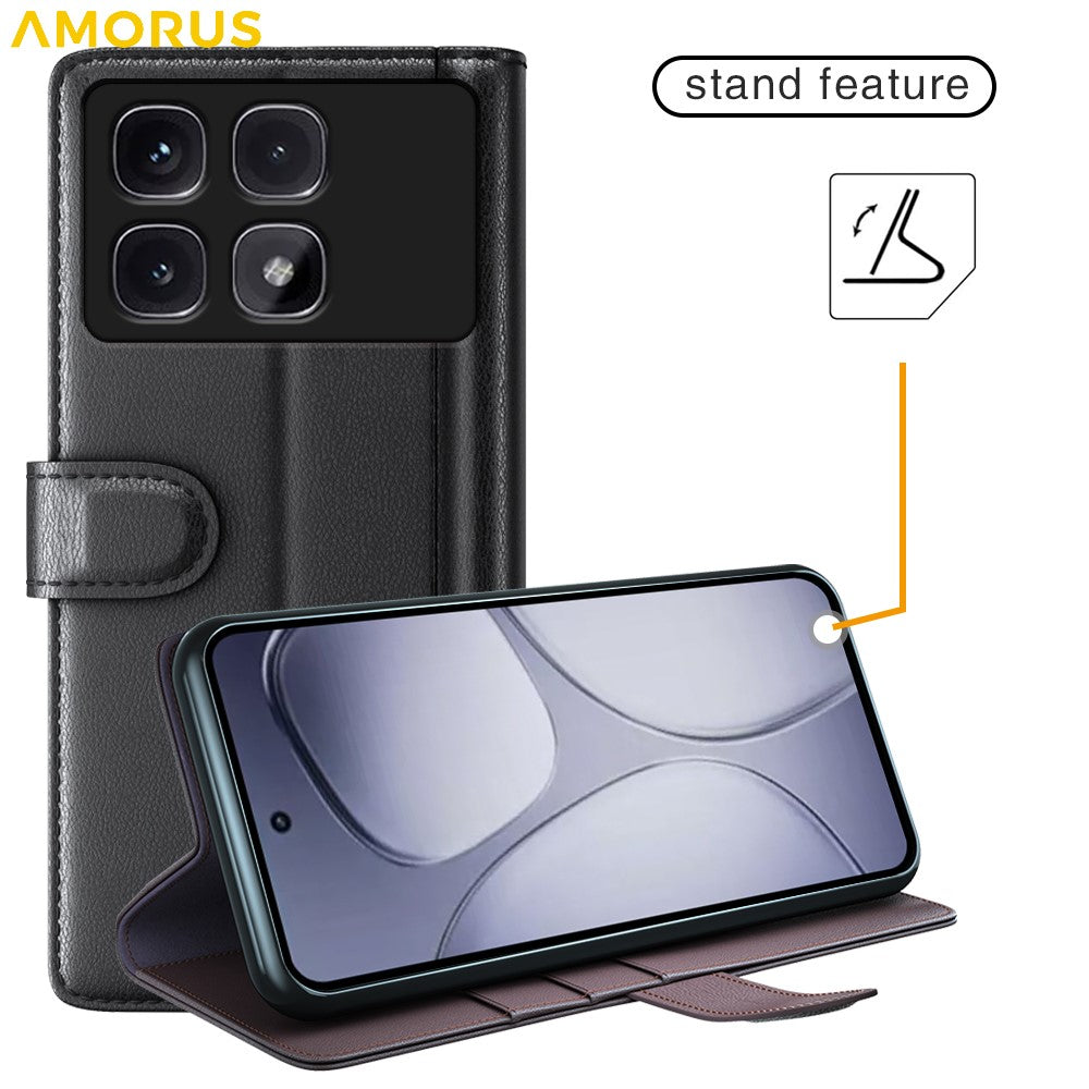 AMORUS För Xiaomi Redmi K70 Ultra Stativskal Kalvstruktur Äkta Splitläder Plånboksfodral
