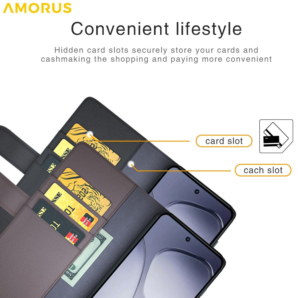 AMORUS För Xiaomi Redmi K70 Ultra Stativskal Kalvstruktur Äkta Splitläder Plånboksfodral
