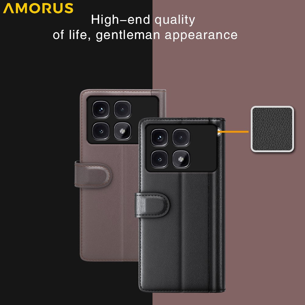 AMORUS För Xiaomi Redmi K70 Ultra Stativskal Kalvstruktur Äkta Splitläder Plånboksfodral
