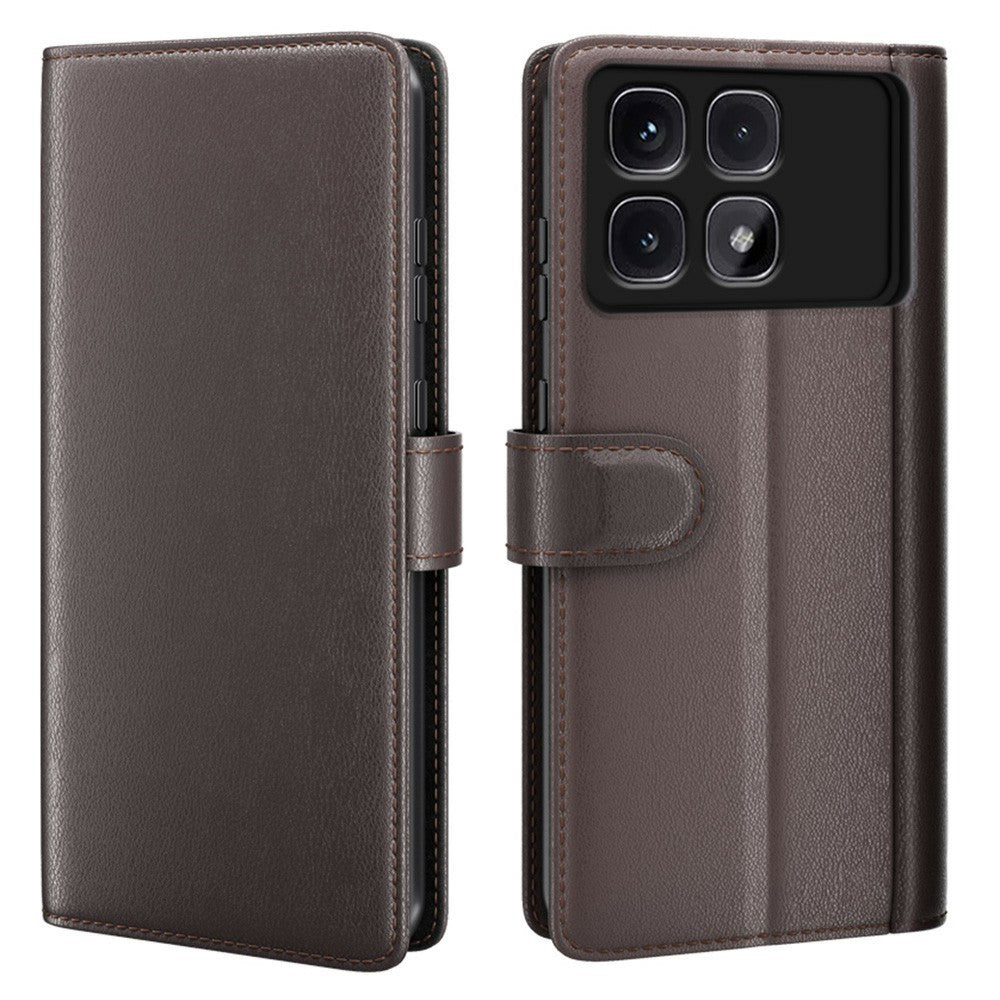 AMORUS För Xiaomi Redmi K70 Ultra Stativskal Kalvstruktur Äkta Splitläder Plånboksfodral