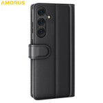 AMORUS For Samsung Galaxy S25 Stand Cases Calf Texture Genuine Split Leather Wallet Phone Cover
