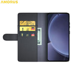 AMORUS For Samsung Galaxy S25 Stand Cases Calf Texture Genuine Split Leather Wallet Phone Cover