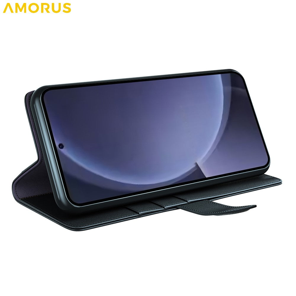 AMORUS For Samsung Galaxy S25 Stand Cases Calf Texture Genuine Split Leather Wallet Phone Cover