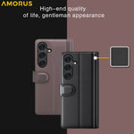 AMORUS For Samsung Galaxy S25 Stand Cases Calf Texture Genuine Split Leather Wallet Phone Cover