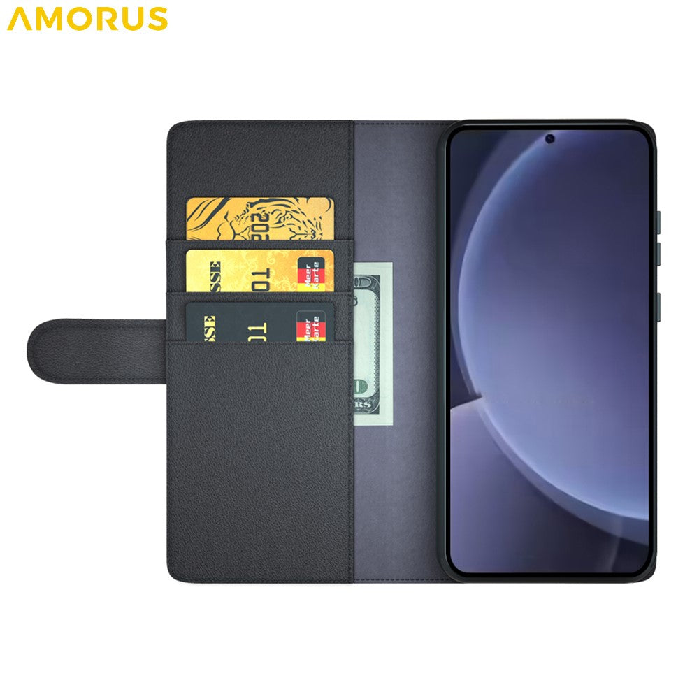 AMORUS For Samsung Galaxy S25+ Stand Cases Calf Texture Genuine Split Leather Wallet Phone Cover
