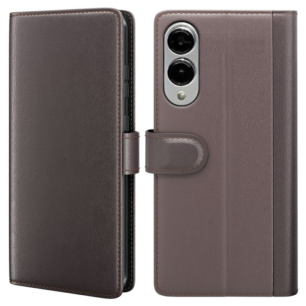 AMORUS til Samsung Galaxy S25 Edge Stand-etuier Kalvetekstur Ægte Spaltlæderpung Telefoncover