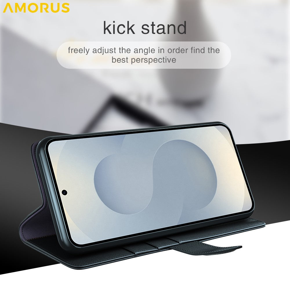 AMORUS til Samsung Galaxy S25 Edge Stand-etuier Kalvetekstur Ægte Spaltlæderpung Telefoncover