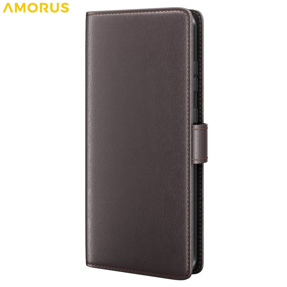 AMORUS til Samsung Galaxy S25 Edge Stand-etuier Kalvetekstur Ægte Spaltlæderpung Telefoncover