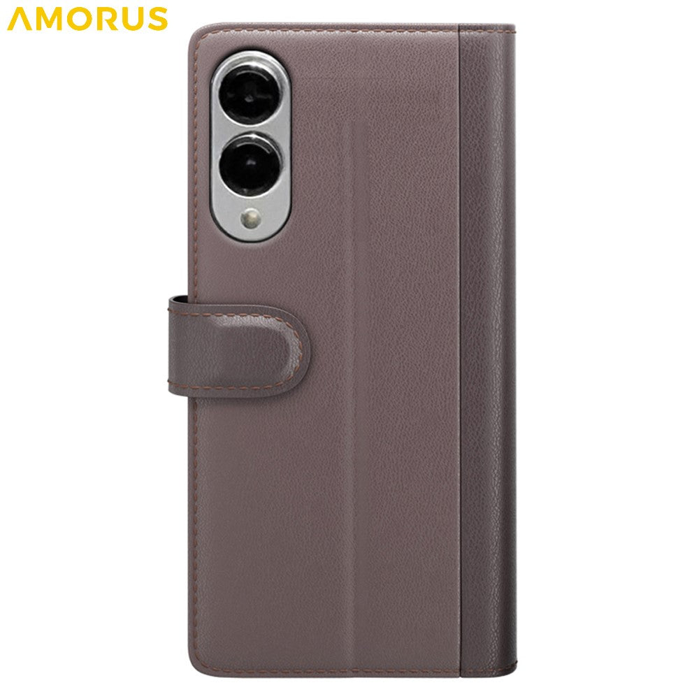 AMORUS til Samsung Galaxy S25 Edge Stand-etuier Kalvetekstur Ægte Spaltlæderpung Telefoncover