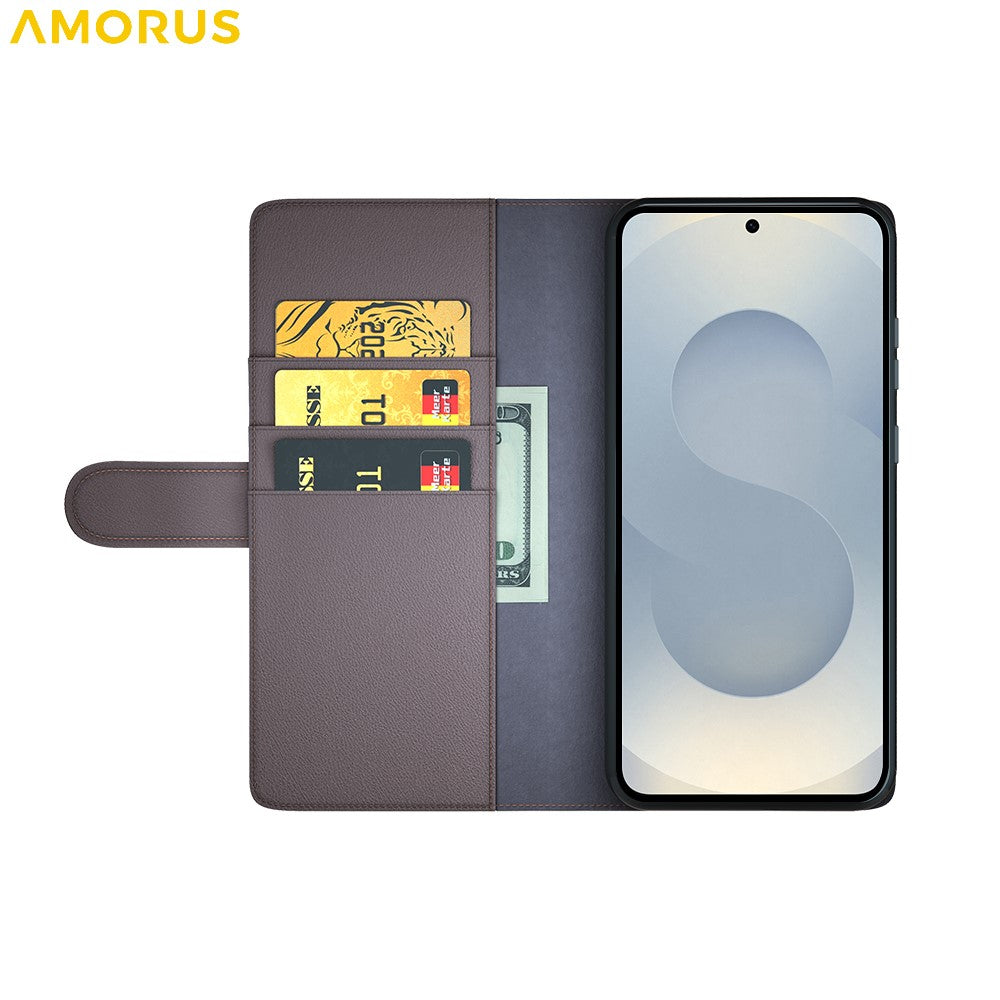 AMORUS til Samsung Galaxy S25 Edge Stand-etuier Kalvetekstur Ægte Spaltlæderpung Telefoncover