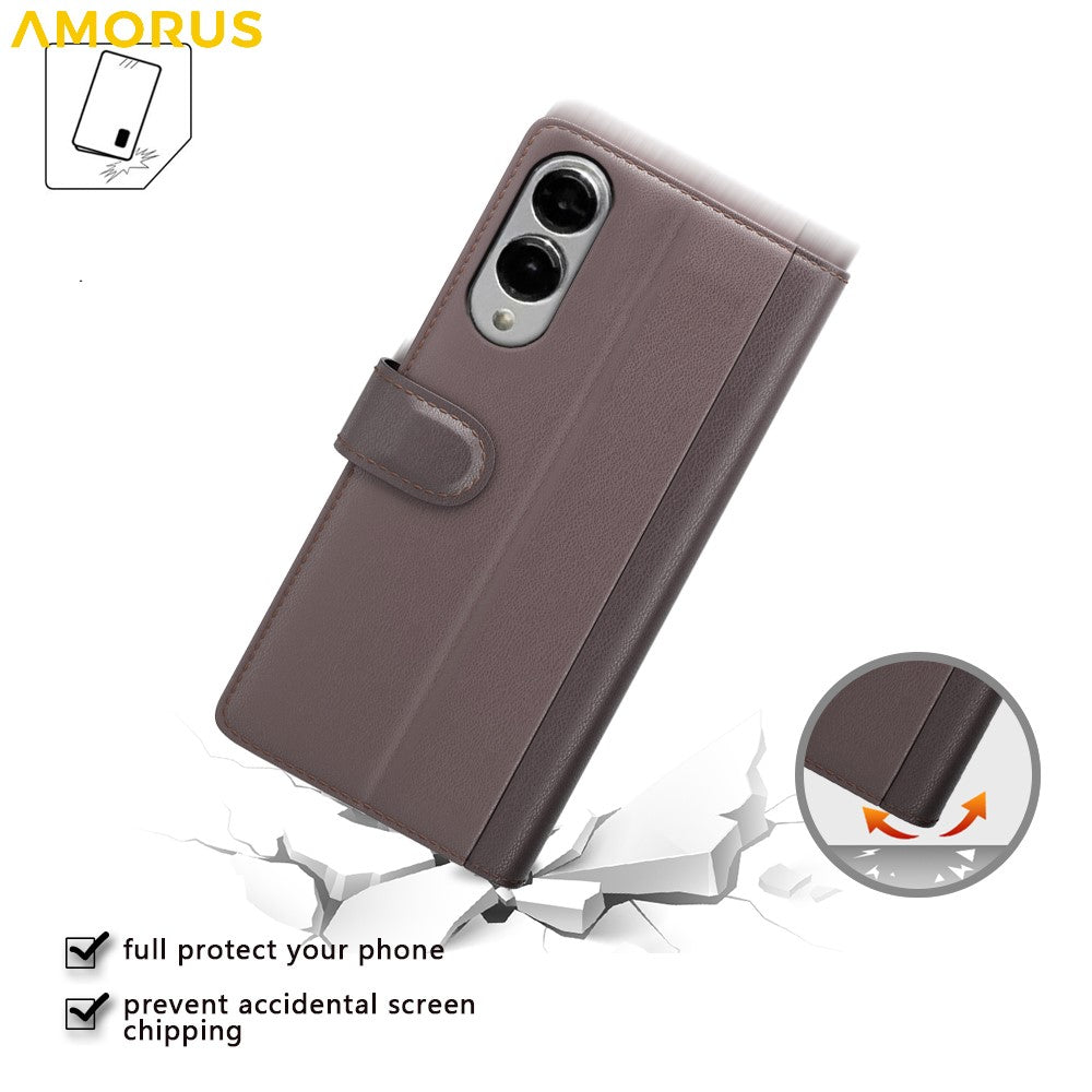 AMORUS til Samsung Galaxy S25 Edge Stand-etuier Kalvetekstur Ægte Spaltlæderpung Telefoncover