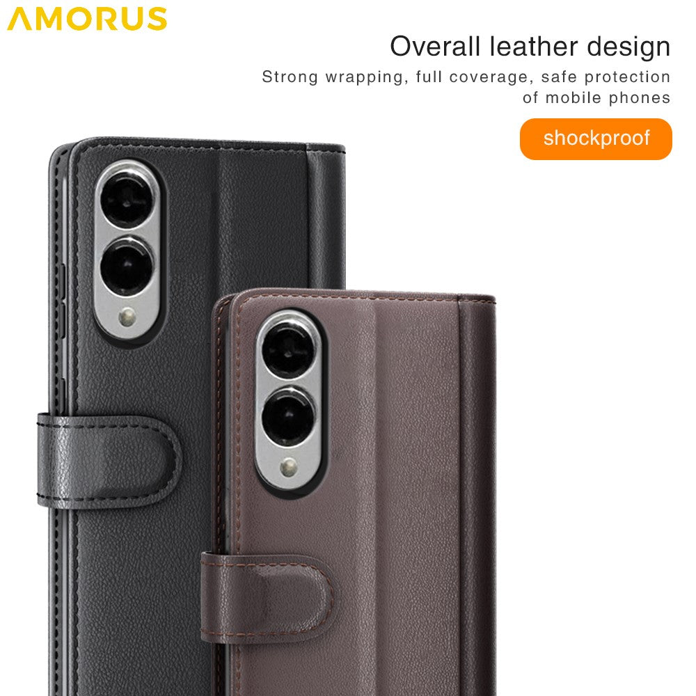 AMORUS til Samsung Galaxy S25 Edge Stand-etuier Kalvetekstur Ægte Spaltlæderpung Telefoncover