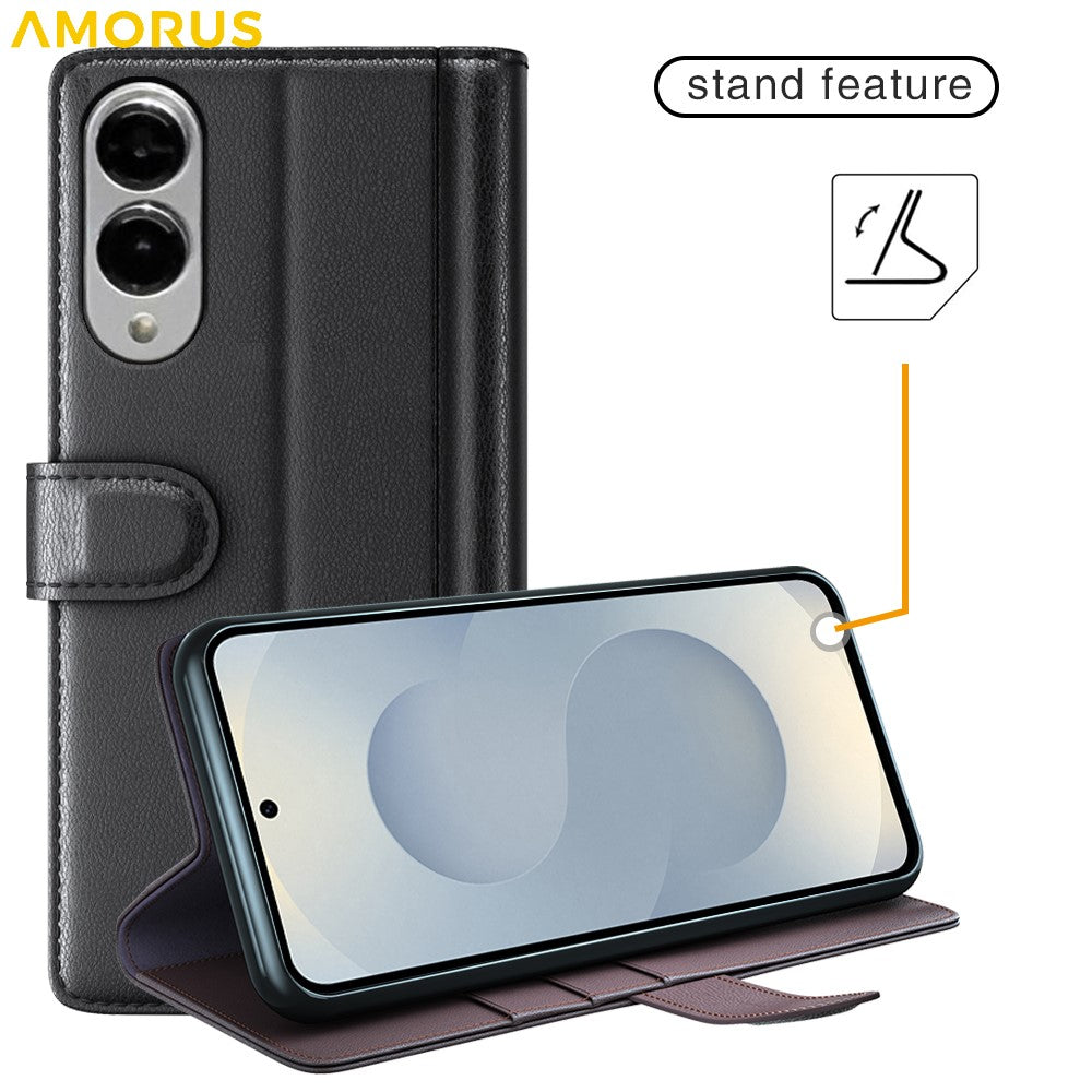 AMORUS til Samsung Galaxy S25 Edge Stand-etuier Kalvetekstur Ægte Spaltlæderpung Telefoncover