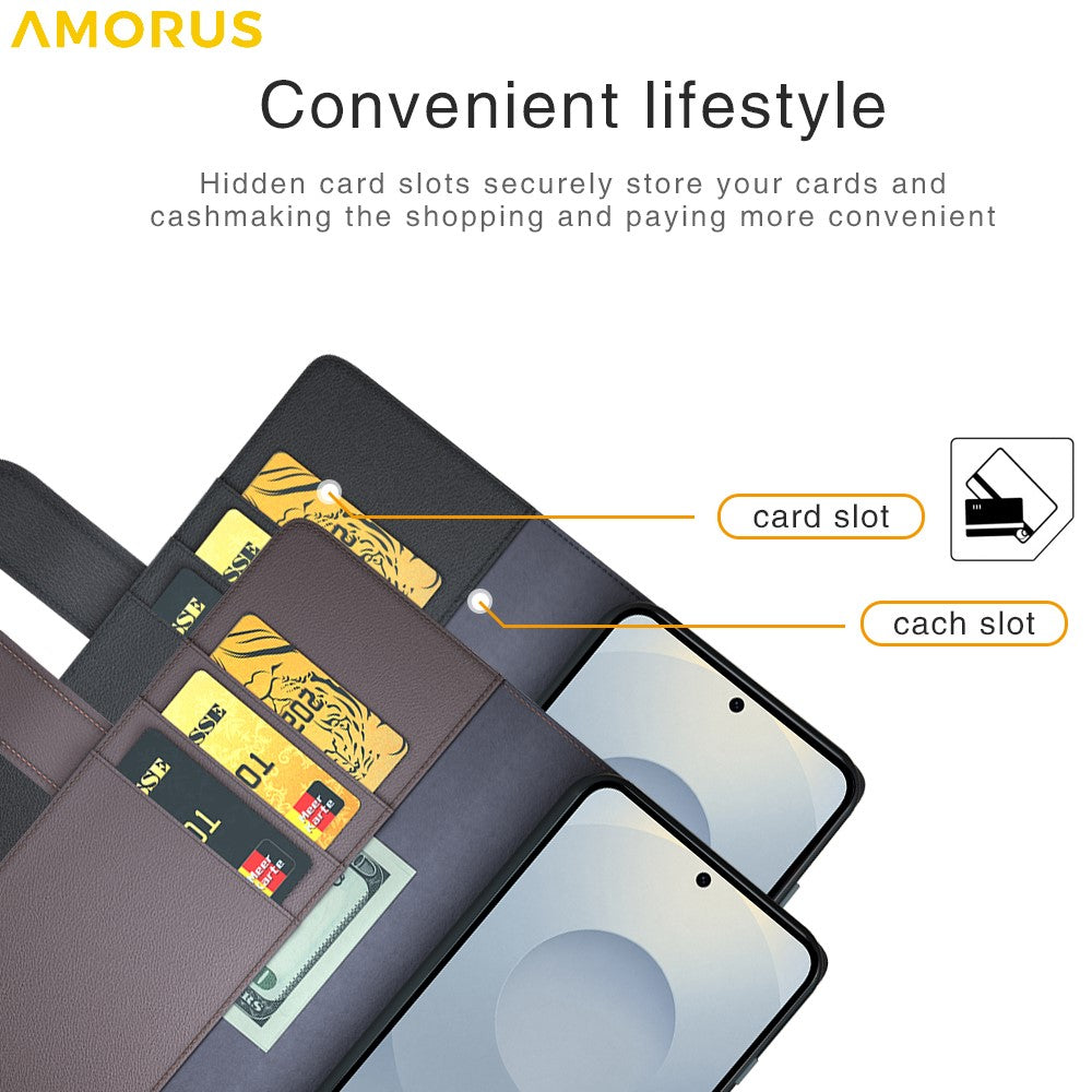 AMORUS til Samsung Galaxy S25 Edge Stand-etuier Kalvetekstur Ægte Spaltlæderpung Telefoncover