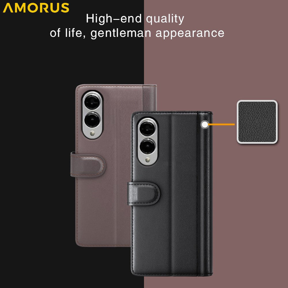 AMORUS til Samsung Galaxy S25 Edge Stand-etuier Kalvetekstur Ægte Spaltlæderpung Telefoncover