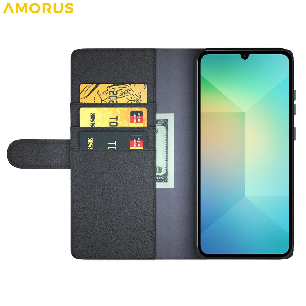 AMORUS För Samsung Galaxy A06 4G / 5G Stativskal Kalvstruktur Äkta Splitläder Plånboksfodral
