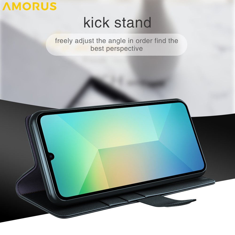 AMORUS För Samsung Galaxy A06 4G / 5G Stativskal Kalvstruktur Äkta Splitläder Plånboksfodral