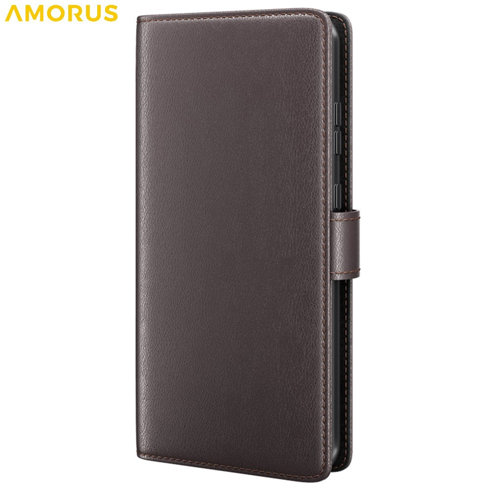 AMORUS til Samsung Galaxy A34 5G Stand Cases Kalveskindstekstur Ægte Spaltlæder Tegnebog Telefoncover