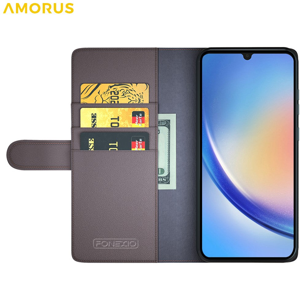 AMORUS til Samsung Galaxy A34 5G Stand Cases Kalveskindstekstur Ægte Spaltlæder Tegnebog Telefoncover