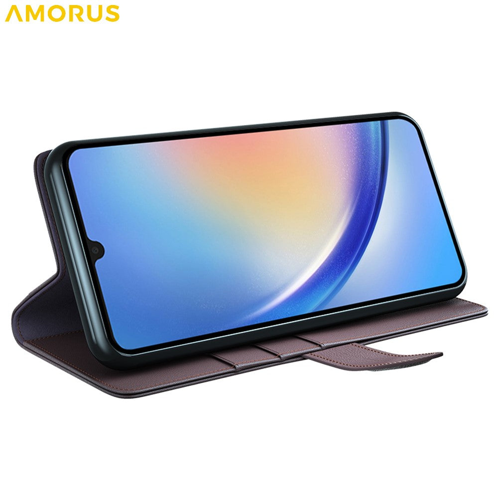 AMORUS til Samsung Galaxy A34 5G Stand Cases Kalveskindstekstur Ægte Spaltlæder Tegnebog Telefoncover