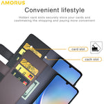 AMORUS til Samsung Galaxy A34 5G Stand Cases Kalveskindstekstur Ægte Spaltlæder Tegnebog Telefoncover