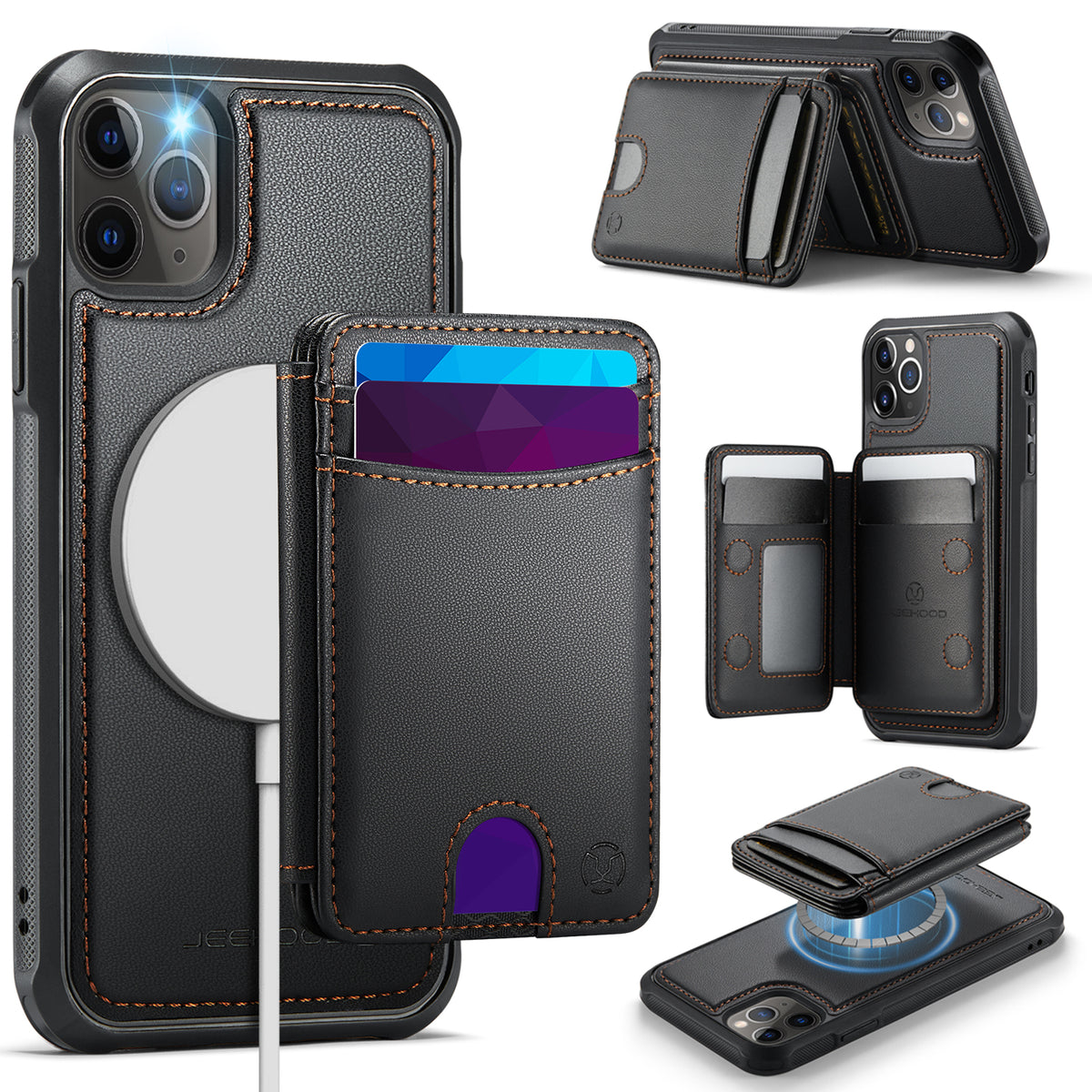 JEEHOOD For iPhone 11 Pro Max Case J10 Compatible with MagSafe Leather Back Phone Cover with Detachable Card Holder Kickstand