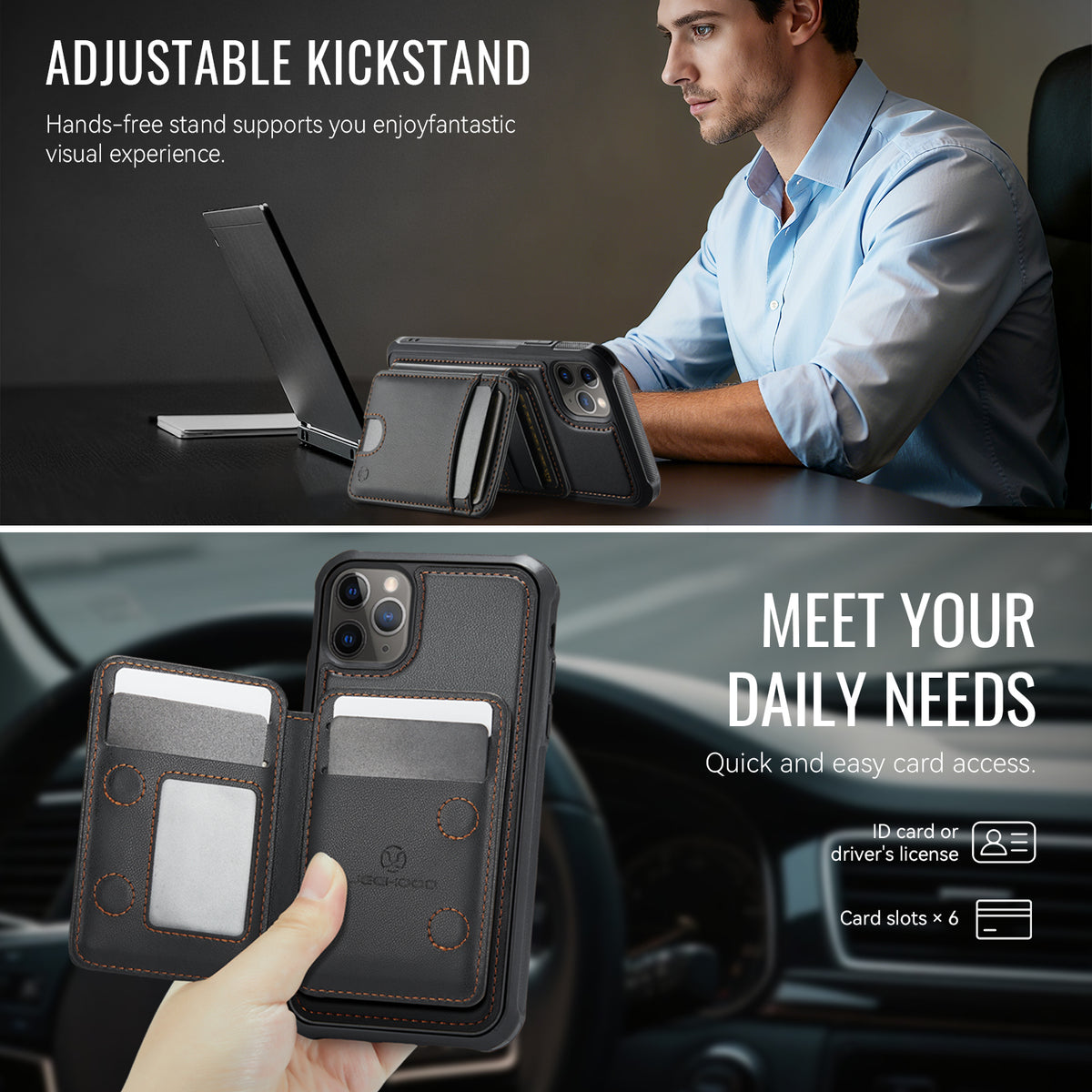 JEEHOOD For iPhone 11 Pro Max Case J10 Compatible with MagSafe Leather Back Phone Cover with Detachable Card Holder Kickstand