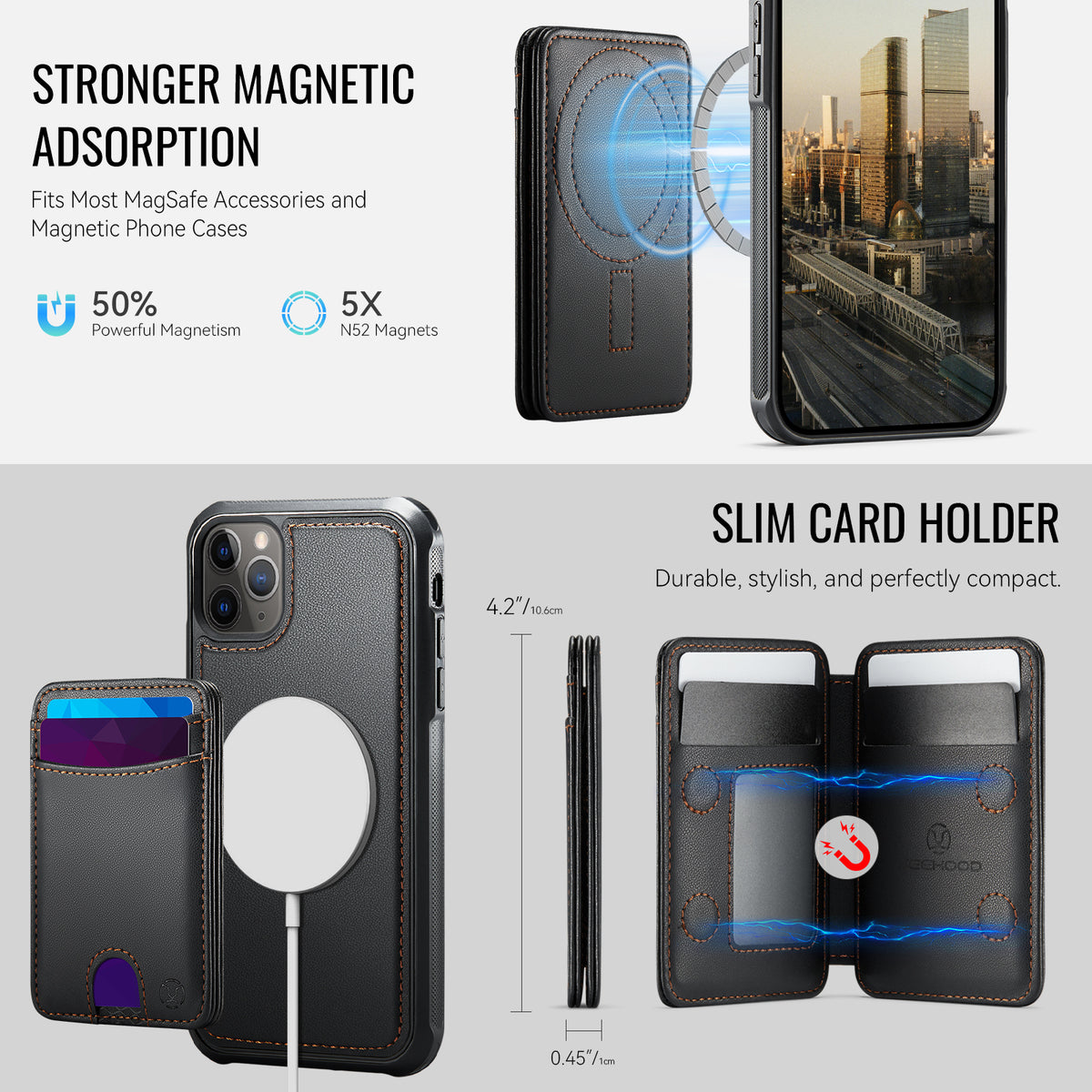 JEEHOOD For iPhone 11 Pro Max Case J10 Compatible with MagSafe Leather Back Phone Cover with Detachable Card Holder Kickstand
