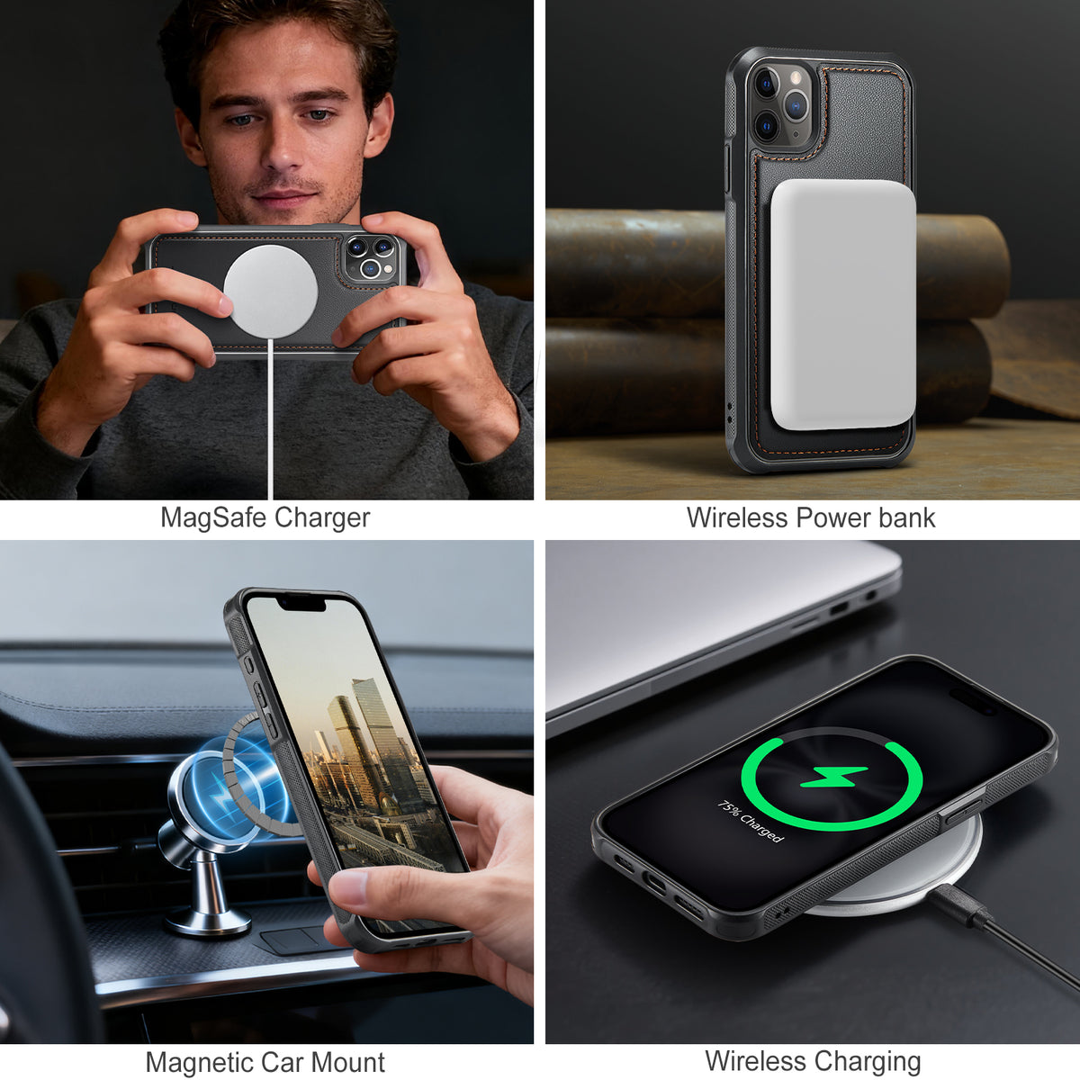 JEEHOOD For iPhone 11 Pro Max Case J10 Compatible with MagSafe Leather Back Phone Cover with Detachable Card Holder Kickstand