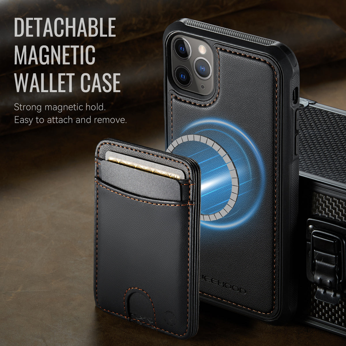 JEEHOOD For iPhone 11 Pro Max Case J10 Compatible with MagSafe Leather Back Phone Cover with Detachable Card Holder Kickstand