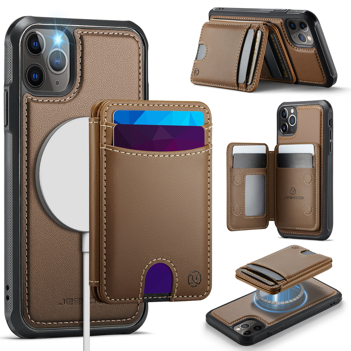 JEEHOOD For iPhone 11 Pro Max Case J10 Compatible with MagSafe Leather Back Phone Cover with Detachable Card Holder Kickstand