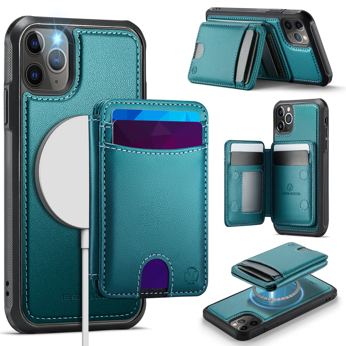 JEEHOOD For iPhone 11 Pro Max Case J10 Compatible with MagSafe Leather Back Phone Cover with Detachable Card Holder Kickstand