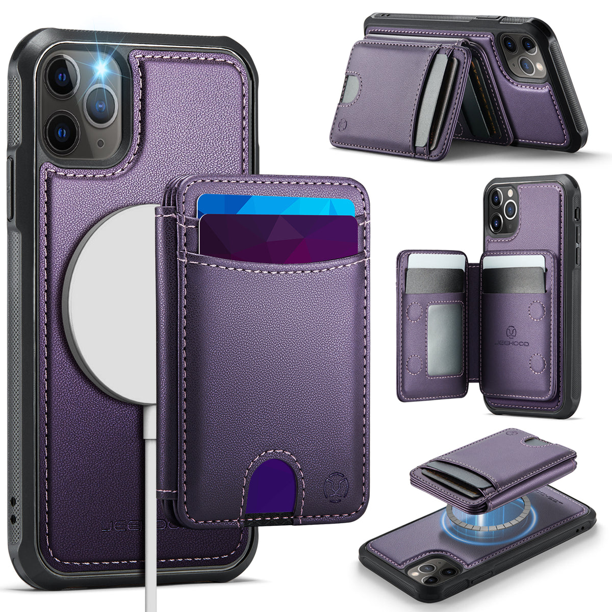 JEEHOOD For iPhone 11 Pro Max Case J10 Compatible with MagSafe Leather Back Phone Cover with Detachable Card Holder Kickstand