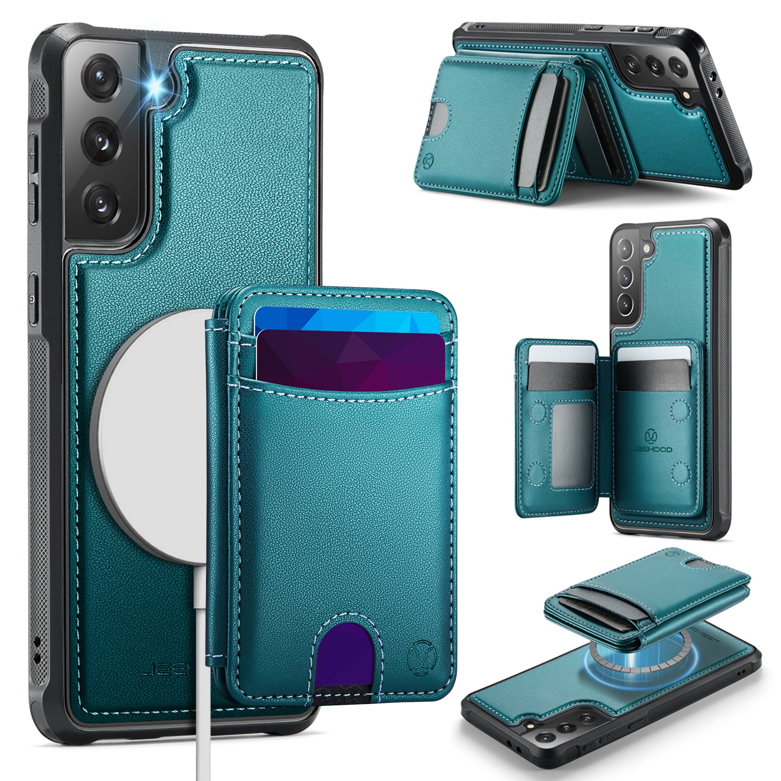JEEHOOD For Samsung Galaxy S21+ 5G Case  J10  Magnetic Case Leather Back Phone Cover with Detachable Card Holder Kickstand