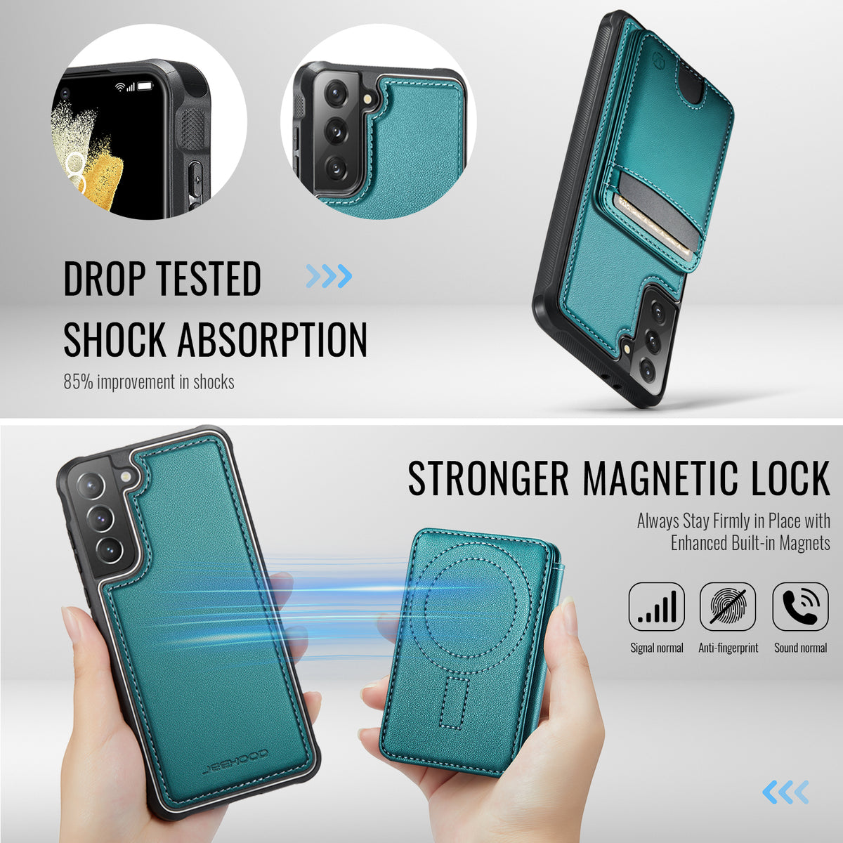 JEEHOOD-cover til Samsung Galaxy S21 5G, J10 magnetisk cover med læderbagside, mobilcover med aftagelig kortholder og støtte