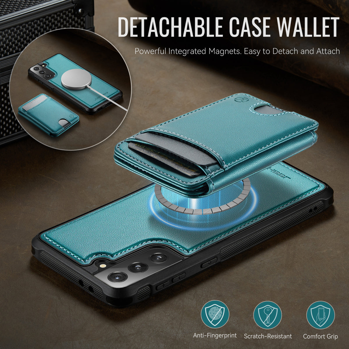 JEEHOOD-cover til Samsung Galaxy S21 5G, J10 magnetisk cover med læderbagside, mobilcover med aftagelig kortholder og støtte