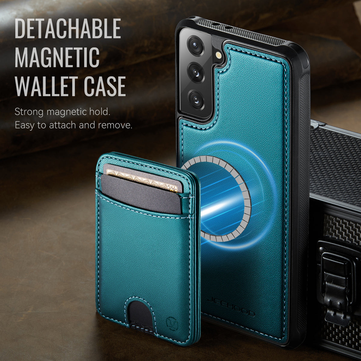 JEEHOOD-cover til Samsung Galaxy S21 5G, J10 magnetisk cover med læderbagside, mobilcover med aftagelig kortholder og støtte