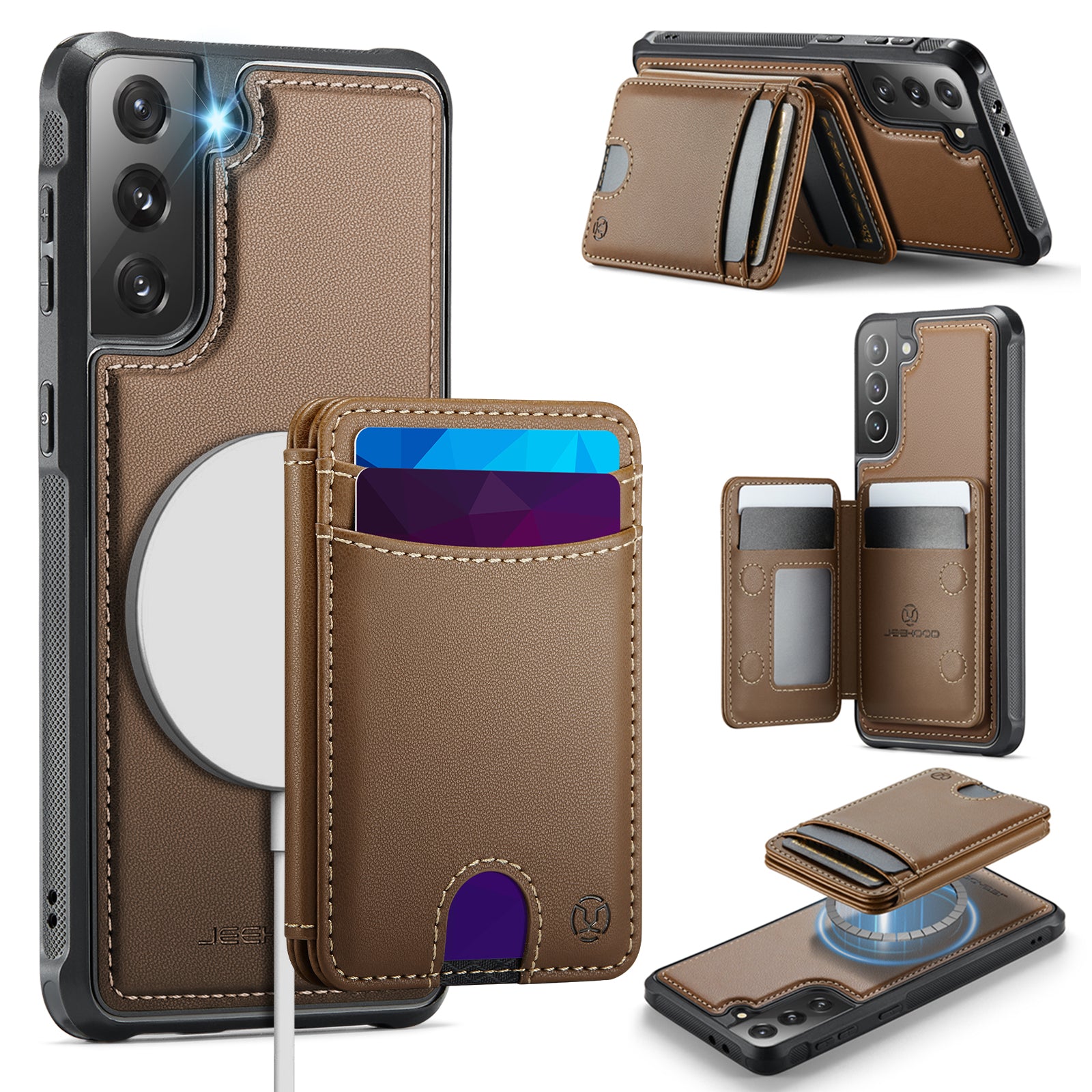 JEEHOOD For Samsung Galaxy S21 5G Case J10 Magnetic Case Leather Back Phone Cover with Detachable Card Holder Kickstand