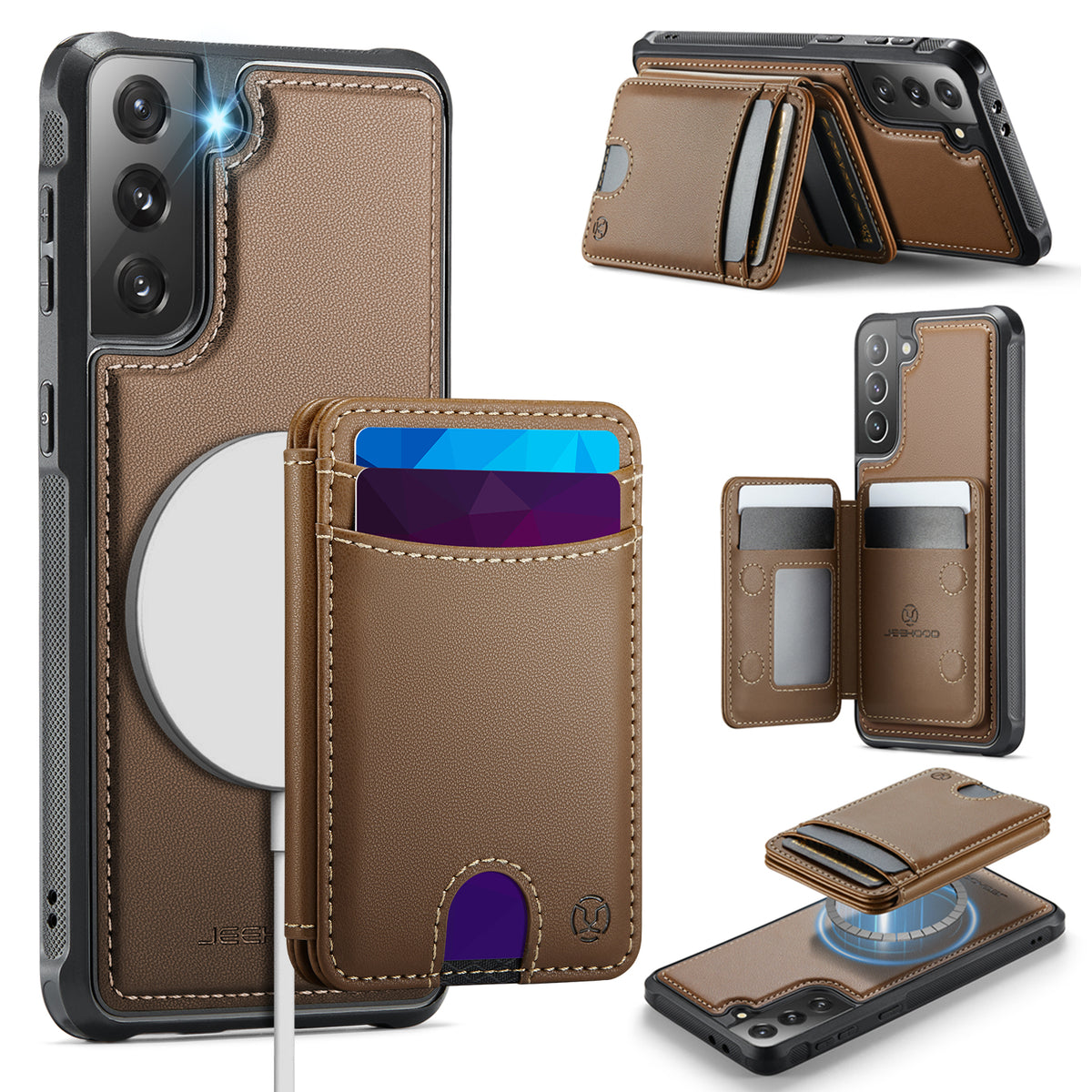JEEHOOD For Samsung Galaxy S21 5G Case J10 Magnetic Case Leather Back Phone Cover with Detachable Card Holder Kickstand