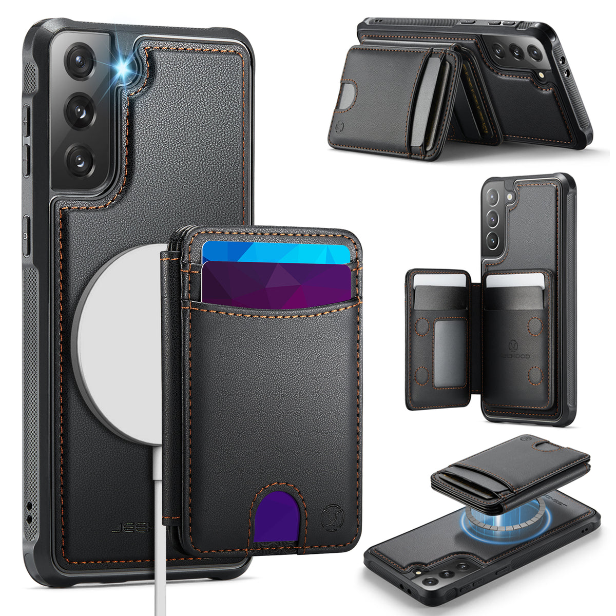 JEEHOOD-cover til Samsung Galaxy S21 5G, J10 magnetisk cover med læderbagside, mobilcover med aftagelig kortholder og støtte