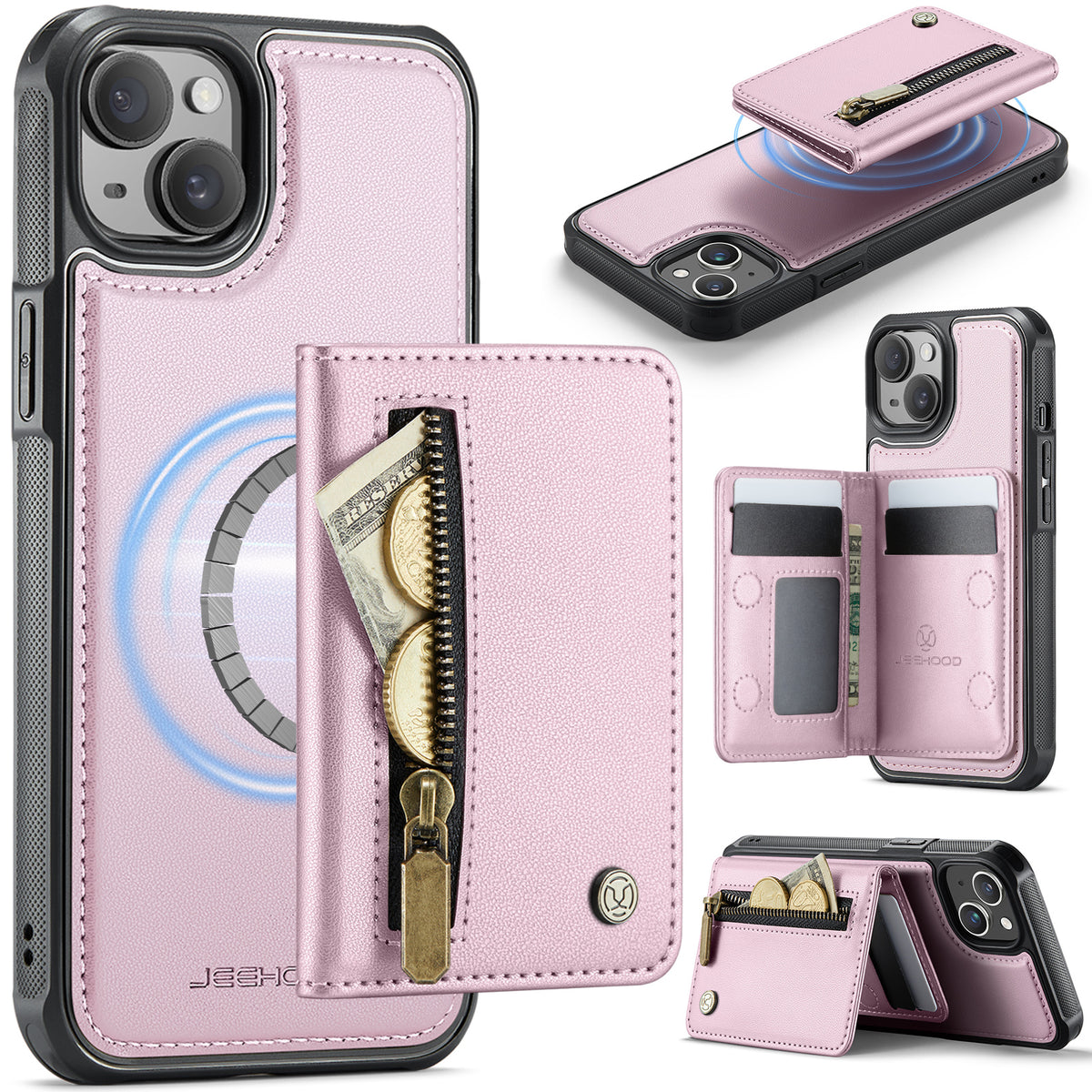 JEEHOOD Til iPhone 15 Plus / iPhone 14 Plus Cover J12 Magnetisk Aftagelig Lynlås Pung Kickstand Læder Bagcover Kompatibel med MagSafe