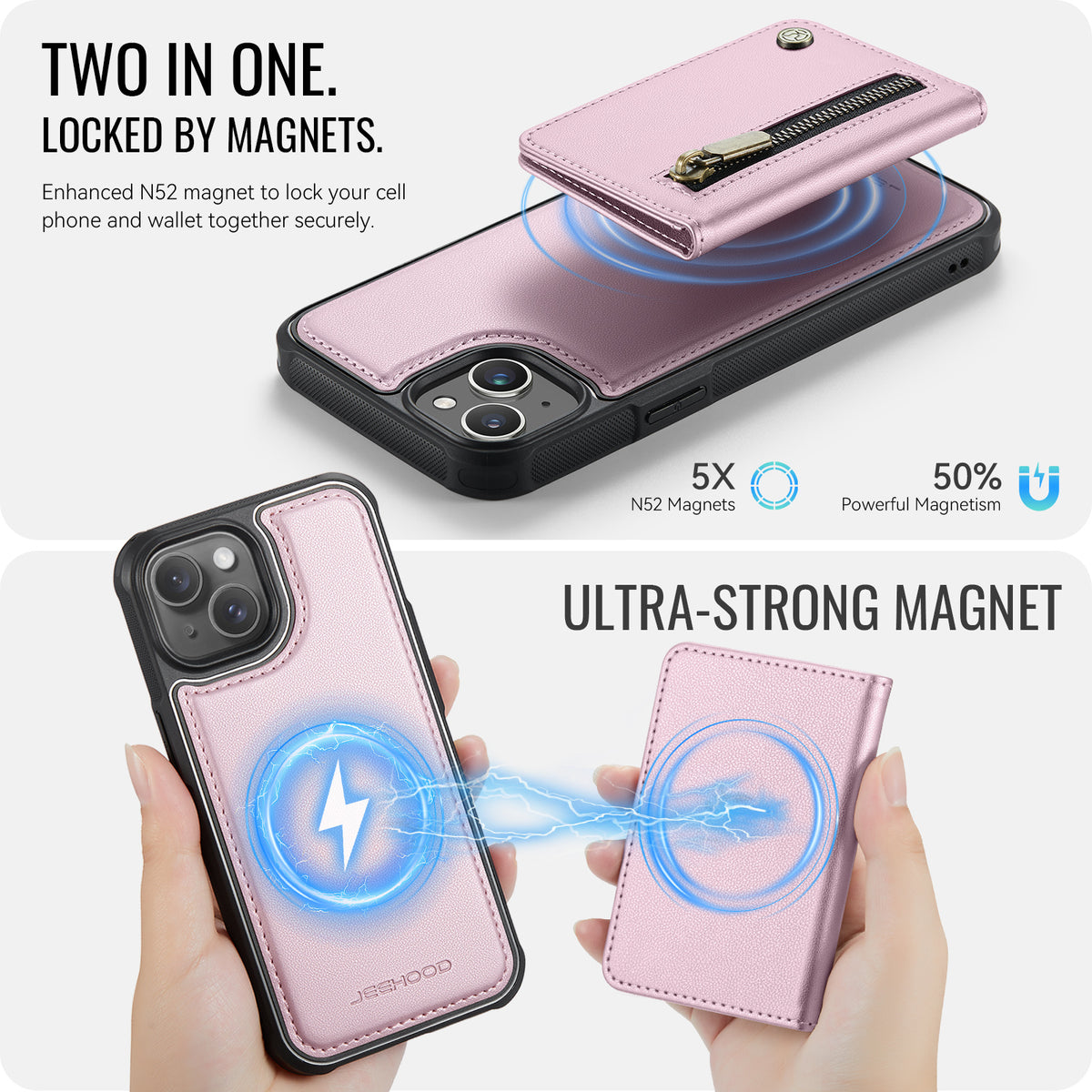 JEEHOOD Til iPhone 15 Plus / iPhone 14 Plus Cover J12 Magnetisk Aftagelig Lynlås Pung Kickstand Læder Bagcover Kompatibel med MagSafe