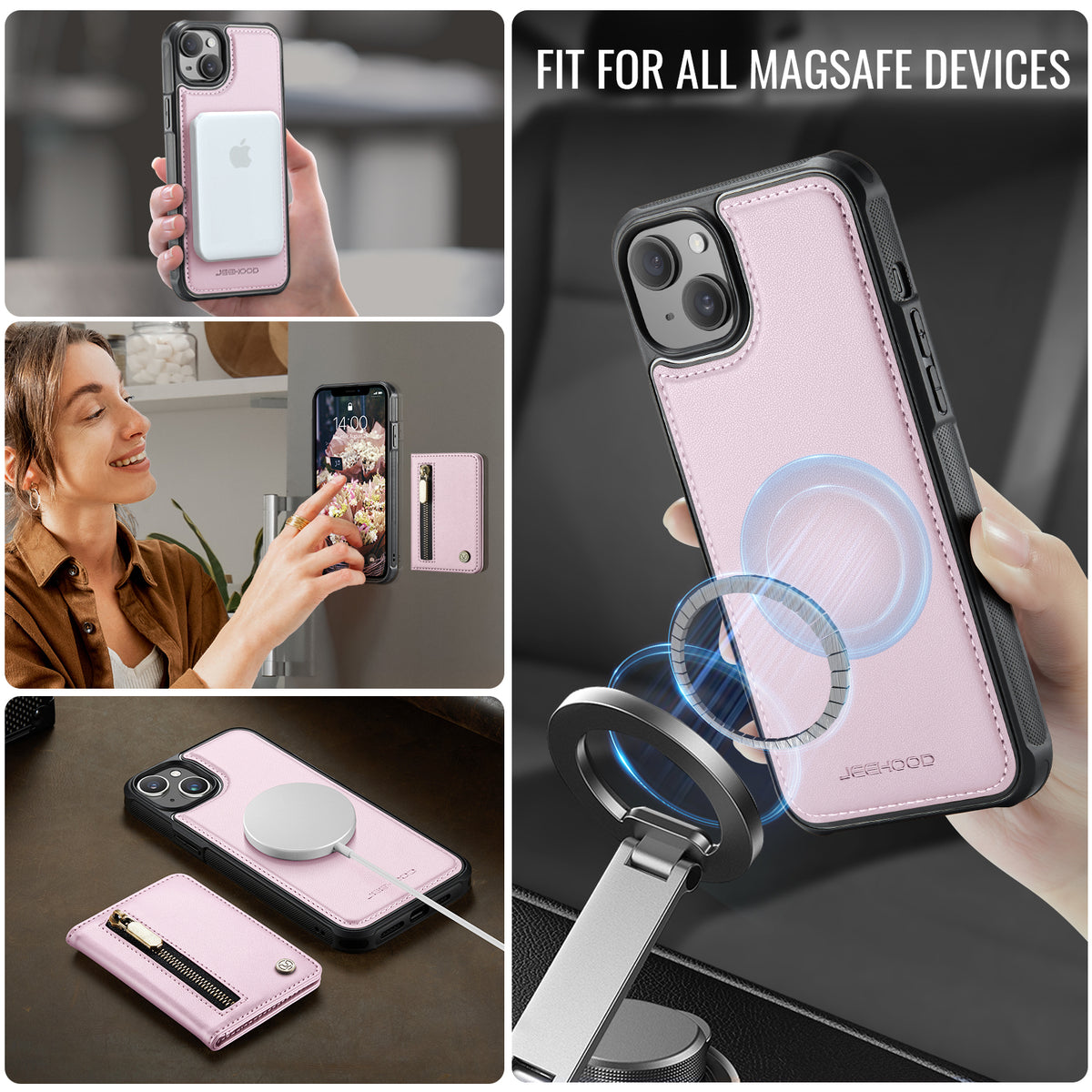 JEEHOOD Til iPhone 15 Plus / iPhone 14 Plus Cover J12 Magnetisk Aftagelig Lynlås Pung Kickstand Læder Bagcover Kompatibel med MagSafe