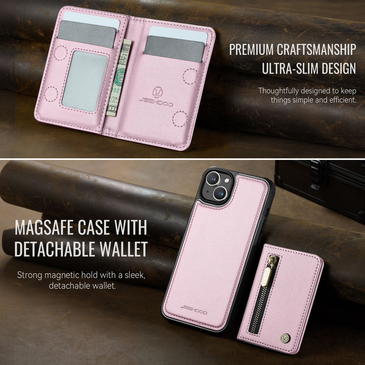 JEEHOOD Til iPhone 15 Plus / iPhone 14 Plus Cover J12 Magnetisk Aftagelig Lynlås Pung Kickstand Læder Bagcover Kompatibel med MagSafe