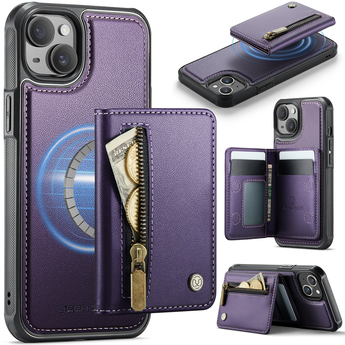 JEEHOOD Til iPhone 15 Plus / iPhone 14 Plus Cover J12 Magnetisk Aftagelig Lynlås Pung Kickstand Læder Bagcover Kompatibel med MagSafe
