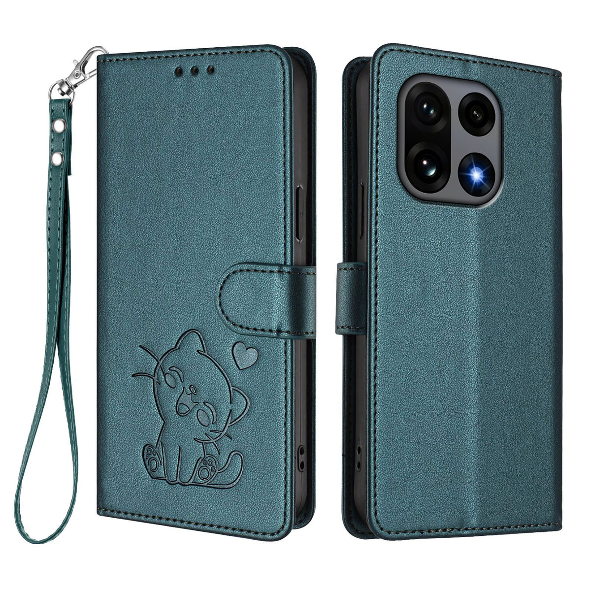 For OnePlus 15 5G Wallet Case with Wrist Strap Love Cat Pattern Imprint Leather Phone Cover