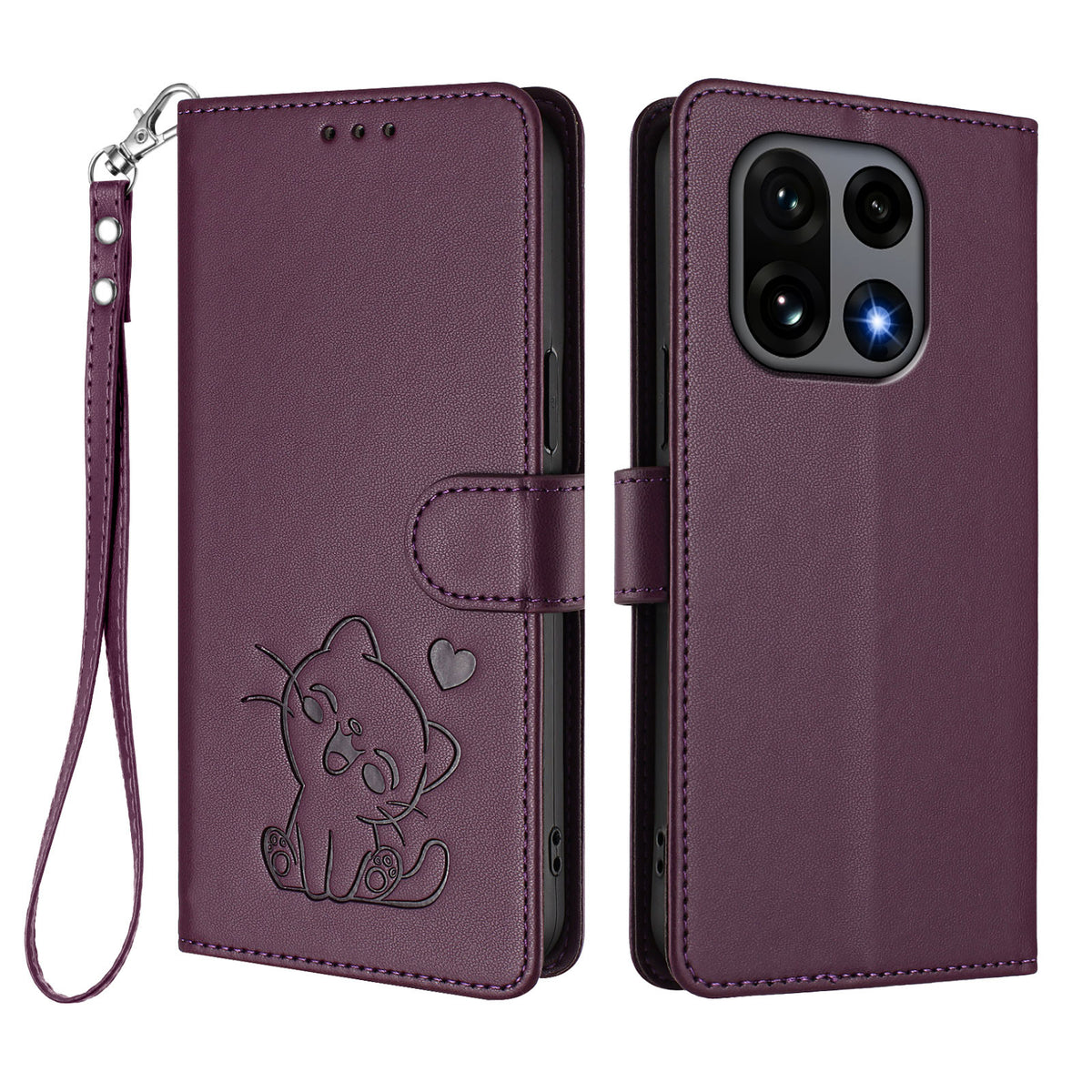 For OnePlus 15 5G Wallet Case with Wrist Strap Love Cat Pattern Imprint Leather Phone Cover