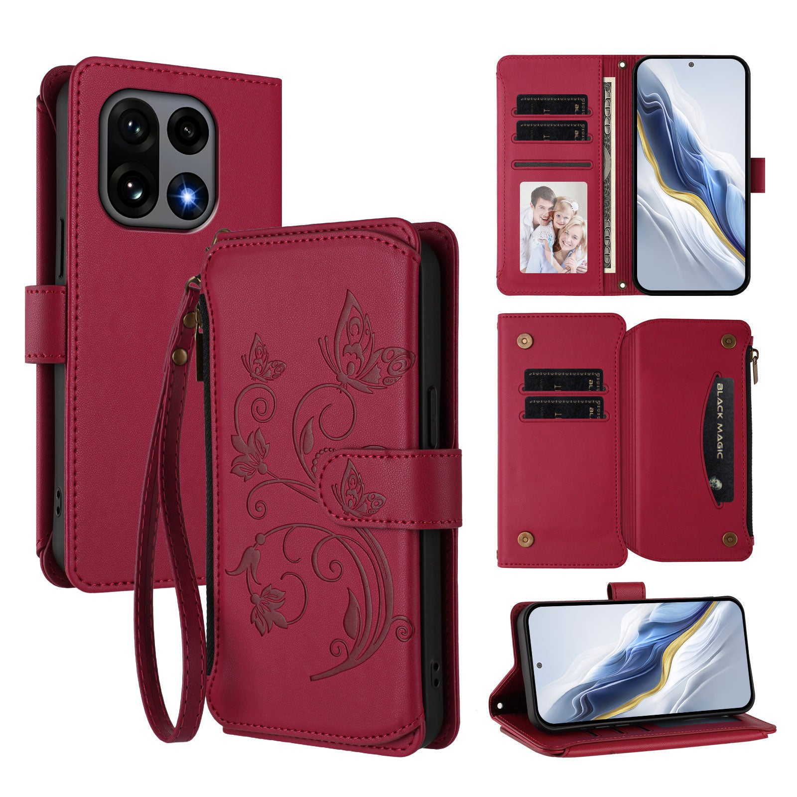 For OnePlus 15 5G Leather Case Butterfly Floral Imprint Zipper Wallet Stand Cover with Wrist Strap
